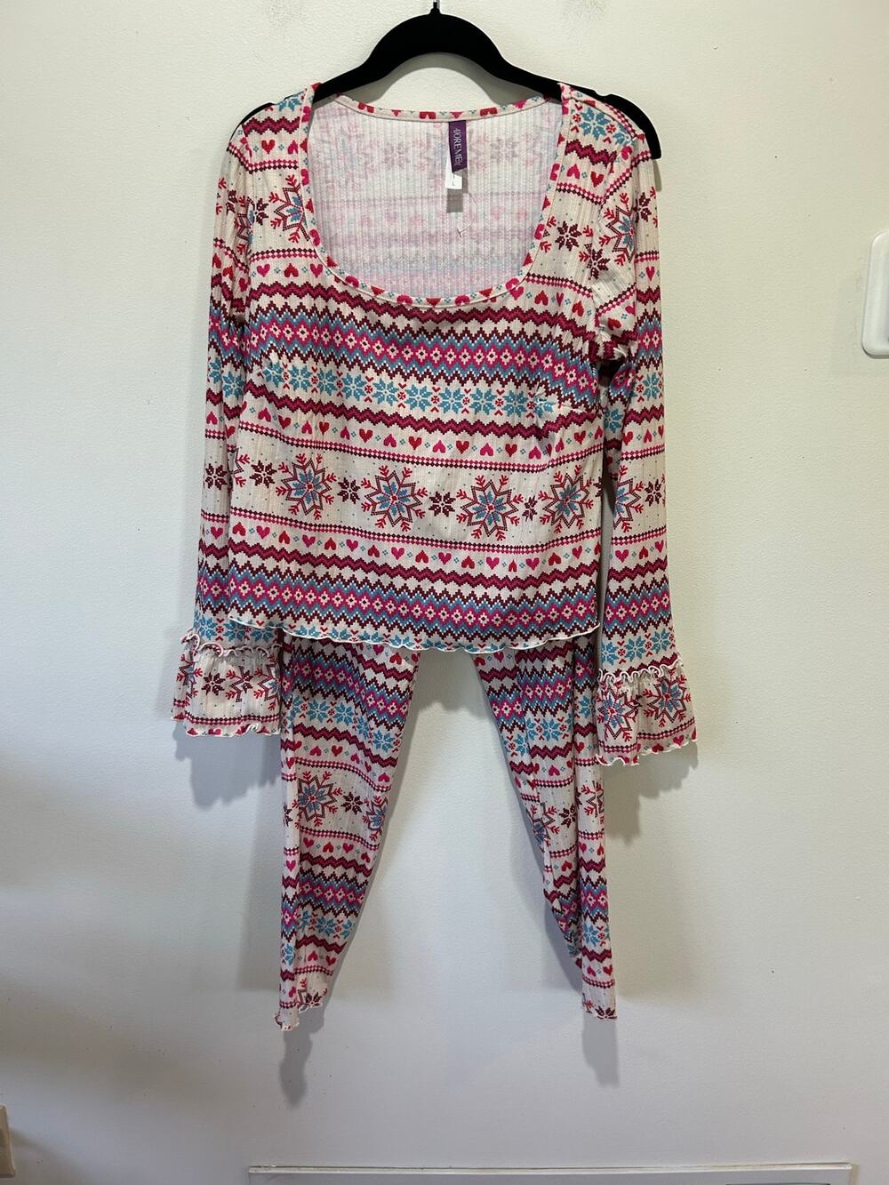 Adore Me pajama set womens L winter print pink blue shirt and jogger